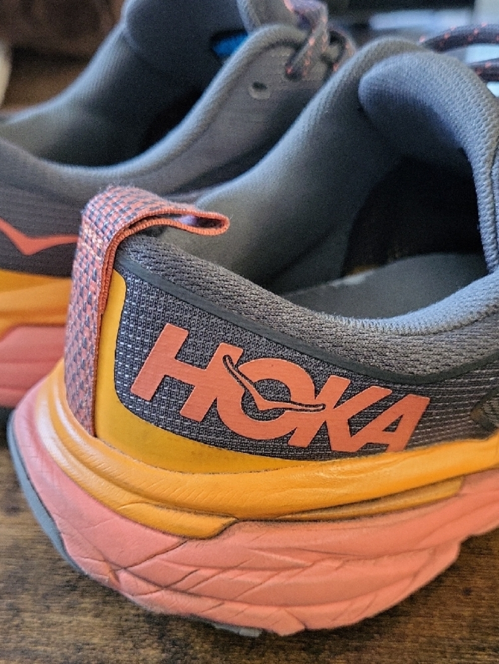 Hoka One One Gray Running Shoes with Coral And Orange Accents - Picture 2 of 12